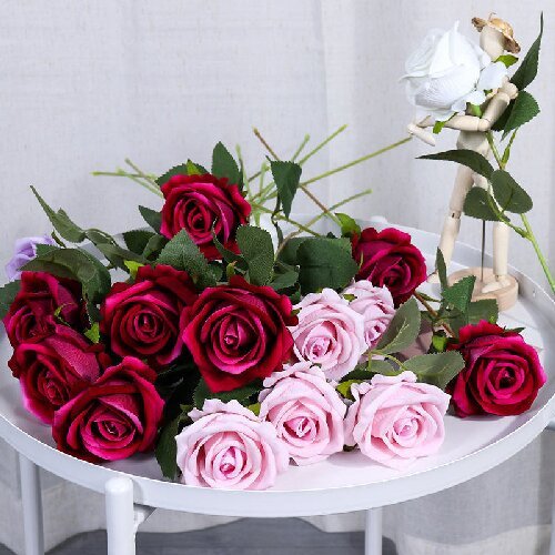Artificial Single Velvet Roses Flower Real Touch Rose