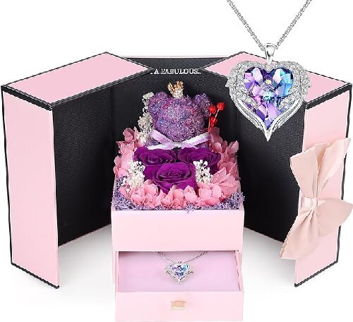 Preserved Real Roses Forever Flowers with Bear for Women