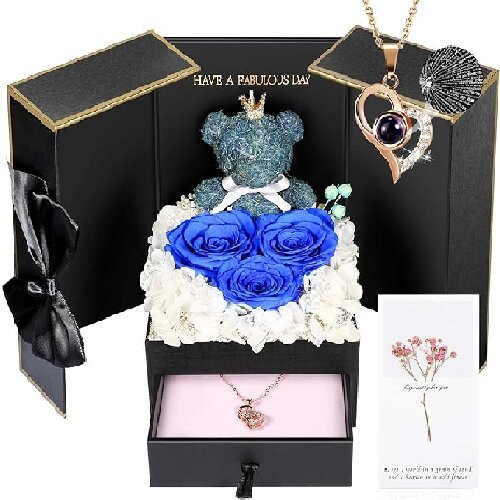 Preserved Real Roses Forever Flowers with Bear for Women