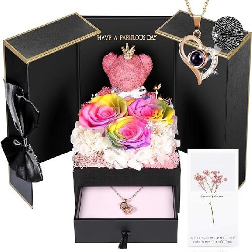 Preserved Real Roses Forever Flowers with Bear for Women